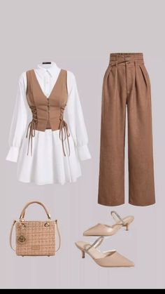 Cute Outfits With Pants, Style Pants Outfit, Dresses With Pants, Brown Outfit Ideas, Heel Outfits, Modest Girly Outfits, Pant Dress