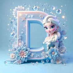 the letter d is made up of flowers and ice flakes, with an icy blue background