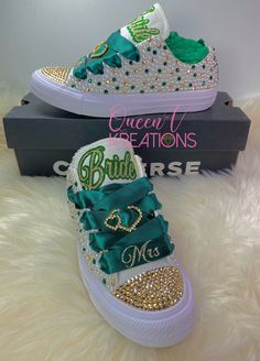 Please read carefully  Due  to the high demand our production time is 8-12 weeks. Add Some Sparkle To Your Wedding Day, Anniversary, Birthday Party, Sweet 16, Social Event Or Prom With These Authentic Custom Bling Low Top All Star Converse Encrusted With High Quality Champagne And Emerald Green Crystals, And Resin Pearls.  Each Pair Of Sneakers Comes With: * Carrying Sneaker Bag (Original Box NOT Included ) * Green Satin Laces.   * Small Repair Kit.  Interested In A Different Color? No Worries. Simply Contact Us With The Color Of Your Choice And We'll Be More Than Happy To Assist You. SIZES: Sneakers Are in U.S Sizes. PLEASE NOTE Converse Runs 1/2 Size Bigger. Make Sure Your Size Is Correct Before Purchasing. If Your Size Is Not Listed Please Contact Us For Further Assistance. SHIPPING AND Champagne And Emerald Green, Birthday Party Sweet 16, Bedazzled Shoes Diy, Bedazzled Shoes, Nike Shoes Women Fashion, Bridal Sneakers, Bling Converse, All Star Converse, Diy Sneakers