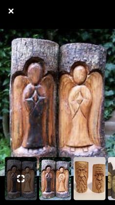 an image of wooden carvings on display in front of some trees and bushes, with the caption's name below it