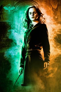 a woman in a green coat holding a wand