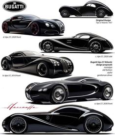 the bugatti concept car is shown in three different views