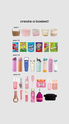 the contents of a bag are shown in different colors and sizes, including pink, blue,