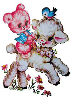 two teddy bears playing with each other in the grass and one has a blue bird on its back