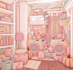 a pink room filled with lots of furniture and decor