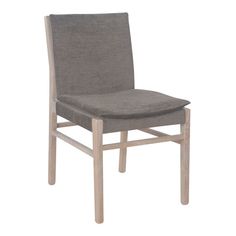 a gray chair with a wooden frame and seat pad on the back side, against a white background