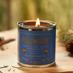 a candle sitting on top of a wooden table next to pine cones and other items