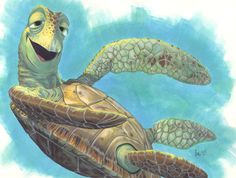 a drawing of a sea turtle with an excited look on its face and head, swimming in the ocean