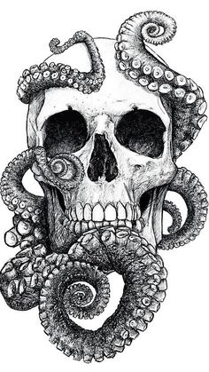 an octopus skull with tentacles on it's face and the head is drawn in black ink