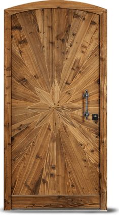 a wooden door with a metal handle on the front and side paneled in wood