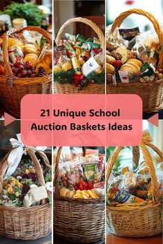 a basket filled with lots of different types of items in it and the words, unique school auction baskets ideas