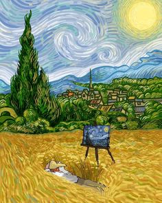 a painting of a person laying in a field