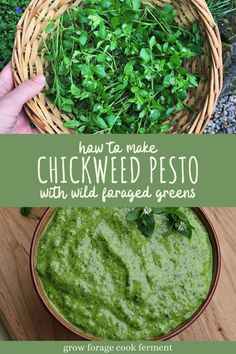 a bowl filled with pesto next to a basket full of fresh herbs