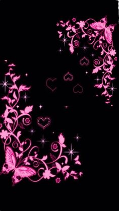 pink butterflies and hearts on black background