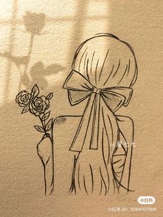 a drawing of a person with a bow on their head and a flower in the other hand