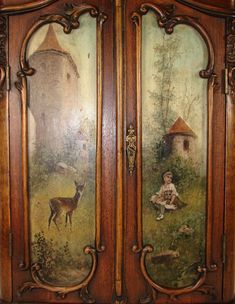 an antique armoire painted with deer and girl in the woods, on display at a museum