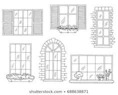 set of windows with shutters and flowers in pots on the windowsill hand drawn outline