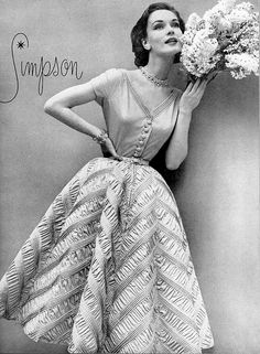 1952 Janet Randy in dress by Adele Simpson Fashion Overalls, Quick Fashion, Vintage Vogue