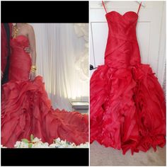 a woman in a red dress standing next to a white wall and another photo of a woman wearing a red gown