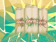 three cans of soft drink with the word act on them in front of an abstract background