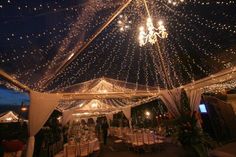 the inside of a tent covered in lights