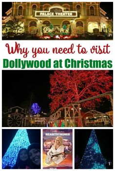 christmas trees and lights in front of a building with the words 5 reasons to see dollywood at christmas