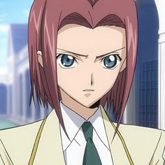 an anime character with pink hair and blue eyes wearing a white shirt and green tie