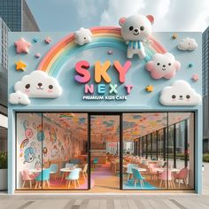 the sky next children's cafe is decorated in pastel colors and teddy bears