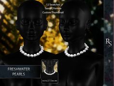 two black mannequins with pearls on their neck and chest are shown in front of a gold background