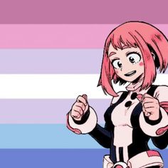 an anime character with pink hair giving the thumbs up sign while standing in front of a striped background