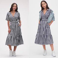 Brand: Gap Smooth Dobby Weave. Short Sleeves. V-Neck At Wrap Front. Tie-Belt At Waist. Front Slant Pockets. Elasticized Back. Ruffled Flounce Hem. Fabric: 100% Cotton. Machine Wash. Nwt Spring Plaid V-neck Dress, Gingham V-neck Summer Dress, Summer Gingham V-neck Dress, Casual Plaid V-neck Midi Dress, Cotton Plaid Short Sleeve Dress For Brunch, Gingham Short Sleeve Midi Dress For Picnic, Short Sleeve Gingham Midi Dress For Picnic, Summer Gingham Plaid Dress With V-neck, Chic Gingham Plaid Dress With V-neck