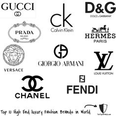 many logos are shown in black and white, including gucci, chandelier, perfume