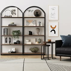 a living room filled with lots of furniture and bookshelves on top of shelves