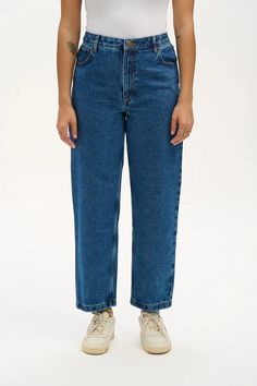 Drew Straight Leg Jeans: ORGANIC DENIM - Mid Wash Blue – Lucy & Yak Lucy Yak, 2024 Wishlist, Dungarees Shorts, Straight Leg Denim, Mid Rise Jeans, Colored Denim, Tee Dress, Summer 2024, Playsuit Jumpsuit