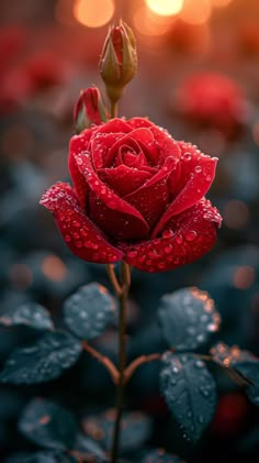 a red rose with water droplets on it's petals in the evening sun,