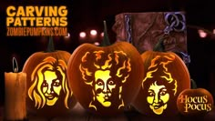 three pumpkins with faces carved into them and the words carving patterns zombie pumpkins