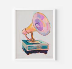 a painting of an old fashioned record player with a pink horn on top of it