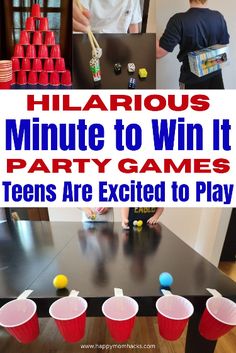 Funny Minute to Win It Games to get Teens & Tweens off their phones & having fun with friends & family. Quick 1-minute challenge ideas with items you have at home. Play these at teen parties, class parties, youth group events, Halloween parties, Christmas parties & birthday parties. Easy party games Teenagers will be excited to play and compete against their friends. Teen Minute To Win It Games, Party Games Teens, Boy Party Games, Challenge For Teens, Indoor Party Games, Easy Party Games, Summer Party Games, Outdoor Party Games