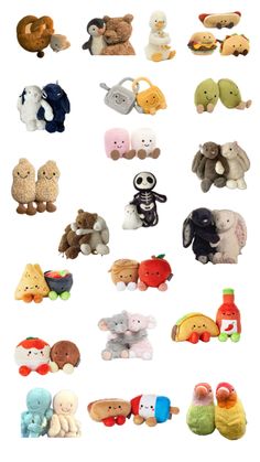 many different stuffed animals are shown together