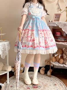 Attention: This price includes a JSK only, others are not included.  Pastel Aesthetic Cheap Plus Size Candy Lolita Fashion Harajuku Dress Affordable  In Stock Cheap Kitty Print Bowknot Details Pastel Pink High Waist Mushroom JSK Lolita Dress Dress / Top Details:Bowknot Details / Pleating Details / Ruffle Trim / Self-tie Straps / Smocked Elastic at BackDress Waistline:High WaistMaterial:PolyesterSkirt Details:Ruffle Hem  	 		 			Size 			Free Size 		 		 			Full Length 			95 		 		 			Bust 			86-105 Cute Outfits Kawaii, Jsk Dress, Strawberry Bunny, Dress Kawaii, Kawaii Kitty, Flowy Fabric, Bunny Print