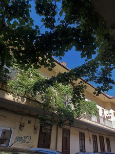 cars parked in front of an apartment building with trees growing on the side of it