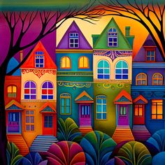 a painting of colorful houses with trees in the background