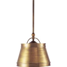 an antique brass hanging light fixture with a metal cone on the bottom and a white background