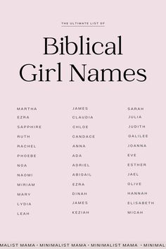 the ultimate list of biblical girl names in black and white on a light pink background