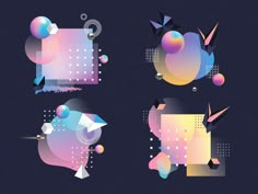 four abstract shapes on a dark background