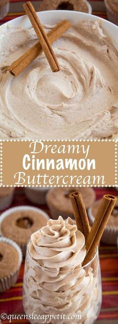 cinnamon buttercream in a glass jar with cinnamon sticks on top and the words dreamy cinnamon buttercream above it