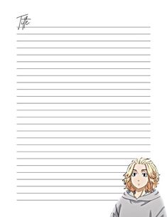 an anime character with long blonde hair is standing in front of a lined paper that says,