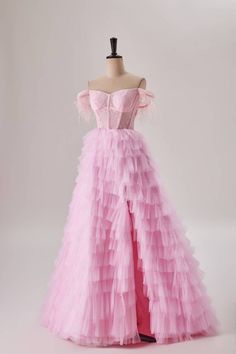 off the shoulder pink tulle A-line tiered ruffles long prom dress with slit #promdress #prom2024 Las Vegas Dress, Teal Cocktail Dress, Fancy Short Dresses, Sweep Train Prom Dress, Dark Red Dresses, Sheer Corset, Satin Homecoming Dress, Prom Dresses With Pockets, Pink Corset