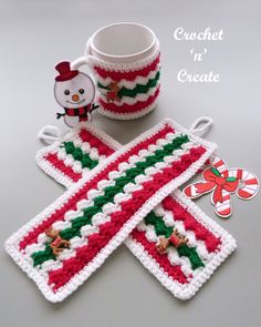 crochet christmas coasters and mug cozyies