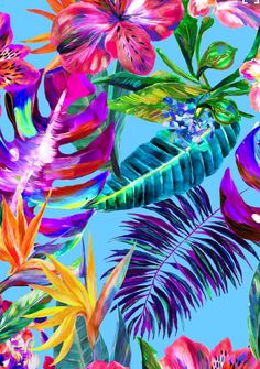 colorful tropical flowers and palm leaves on a blue sky background, seamless digital painting